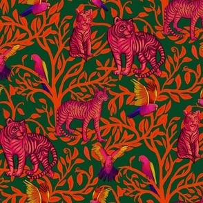 pink tigers and parrots on emerald