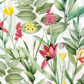 21" Nostalgic Beauty: Antique Lily Flower and Bouquets with Pierre-Joseph Redouté lilies,   Tropical Leaves And Branches, Yellow Springflowers Exotic Blossoms- for Vintage Home Decor And Wallpaper white double layer