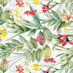 Turned left 21" Nostalgic Beauty: Antique Lily Flower and Bouquets with Pierre-Joseph Redouté lilies,   Tropical Leaves And Branches, Yellow Springflowers Exotic Blossoms- for Vintage Home Decor And Wallpaper white double layer