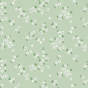 Meadow in Full Bloom – Pastel Green || Non-Directional Scattered Ditsy Flowers | Small/Tiny