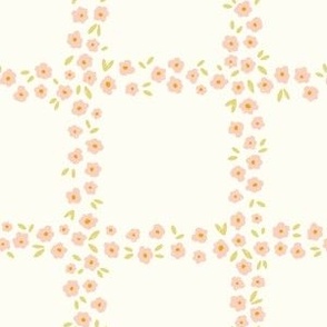 Floral Grid - Salmon Pink and Muted Yellow Gold on Cream | Windowpane Check, PLaid