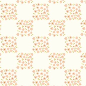 Floral Checkerboard - Salmon Pink and Muted Yellow Gold on Cream