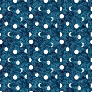 Dreamy Night Sky- Moon Phases peeping through Clouds- Indigo - Small Scale