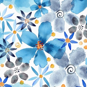 Starry Blue Gray Bold Watercolor Flowers Large