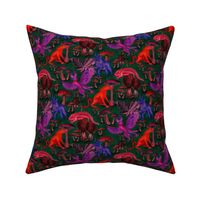 Mythical creatures with mushrooms in warm red and purple