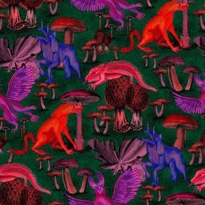 Mythical creatures with mushrooms in warm red and purple