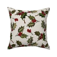 Vintage Christmas Holly with berrys - Noel Print - Offwhite Background