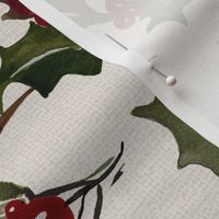 Vintage Christmas Holly with berrys - Noel Print - Offwhite Background