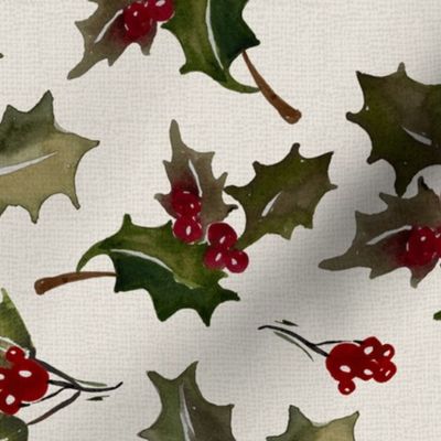 Vintage Christmas Holly with berrys - Noel Print - Offwhite Background