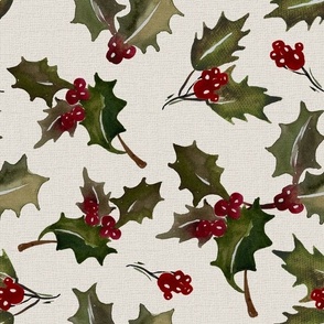 Vintage Christmas Holly with berrys - Noel Print - Offwhite Background