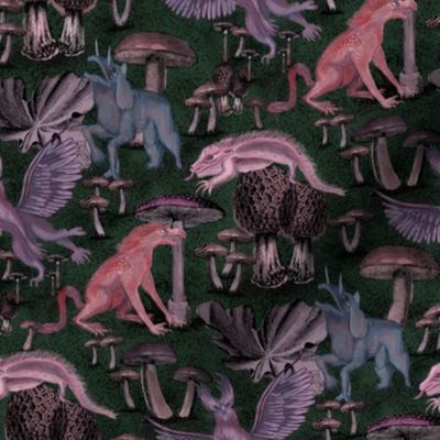 Mythical creatures with mushrooms in purply grey