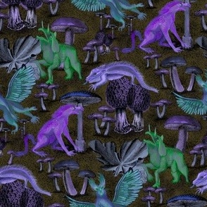 purple and green mythical creatures with mushrooms 