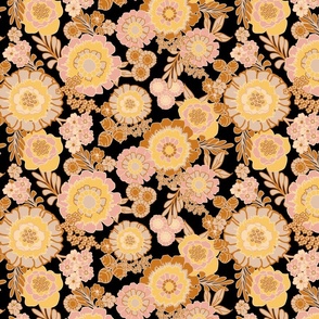 Retro flower in modern soft pastells in yellow and pink on black background 