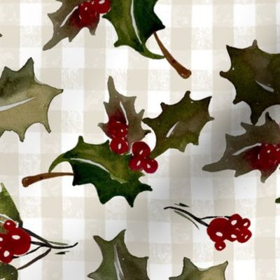 Vintage Christmas Holly with berrys - on Beige and Offwhite gingham check  Background