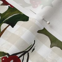 Vintage Christmas Holly with berrys - on Beige and Offwhite gingham check  Background