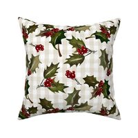 Vintage Christmas Holly with berrys - on Beige and Offwhite gingham check  Background