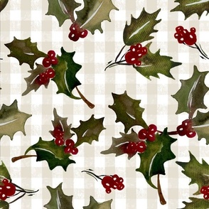 Vintage Christmas Holly with berrys - on Beige and Offwhite gingham check  Background