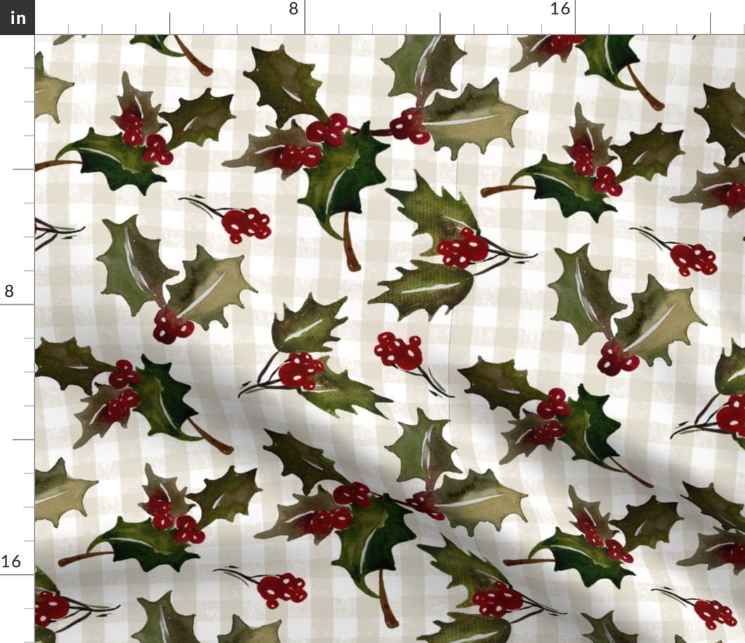 Vintage Christmas Holly with berrys - on Beige and Offwhite gingham check  Background