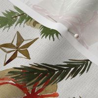 Vintage Christmas gifts in brown paper & Bells - Noel Print - Ivory White  Background