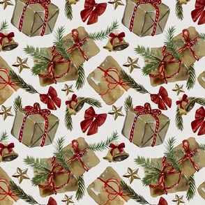 Vintage Christmas gifts in brown paper & Bells - Noel Print - Ivory White  Background