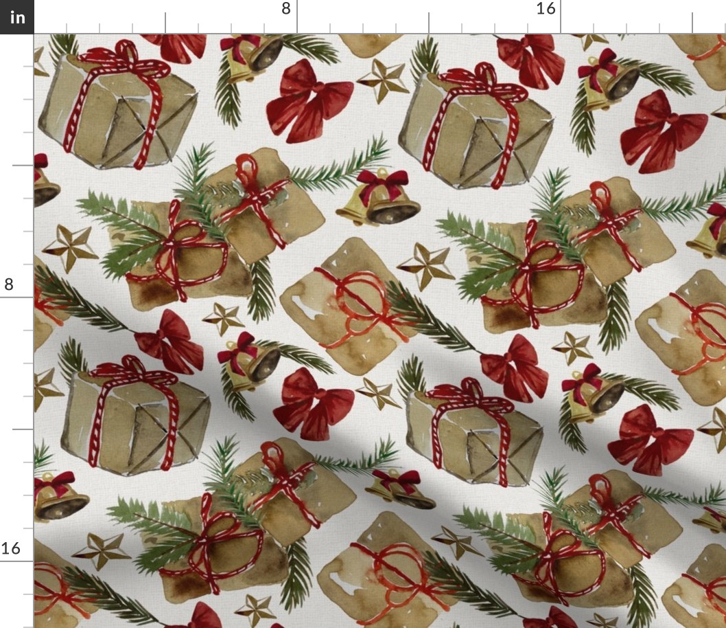 Vintage Christmas gifts in brown paper & Bells - Noel Print - Ivory White  Background