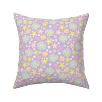 Flowers daisies and sea shells - summer ocean colorful retro style blossom design girls pink orange lime on lilac