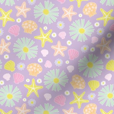 Flowers daisies and sea shells - summer ocean colorful retro style blossom design girls pink orange lime on lilac