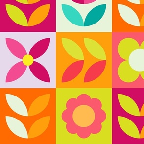 Vintage Pop-Art Flower Checkerboard – Tangerine, Pink, Aqua – 7" squares