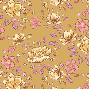 Peony Dreams Loose Floral -  Pink and Purple Flowers and Leaves on Mustard Yellow - Large