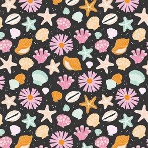 Flowers and sea shells - summer ocean colorful retro style blossom design girls pink orange mint on charcoal gray