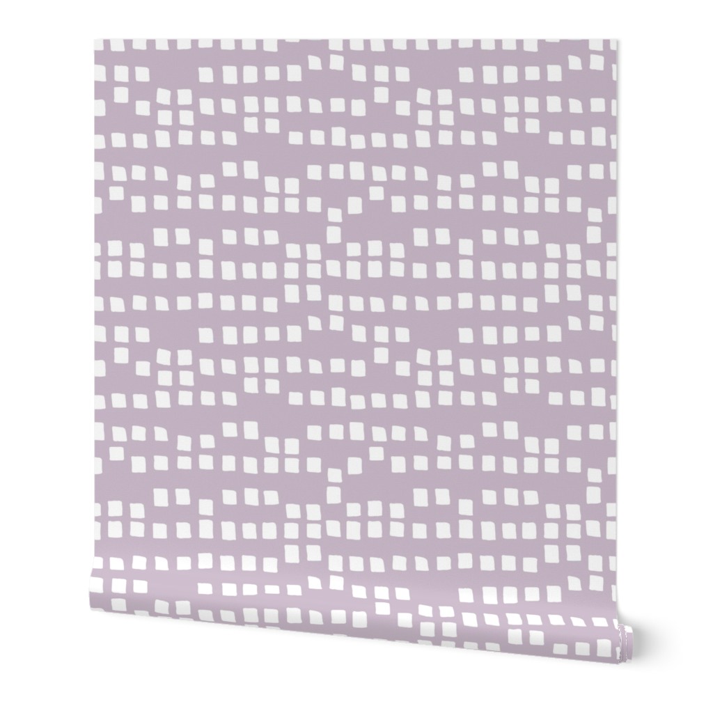 Irregular little squares spots - minimalist dashes in rows white on mauve purple