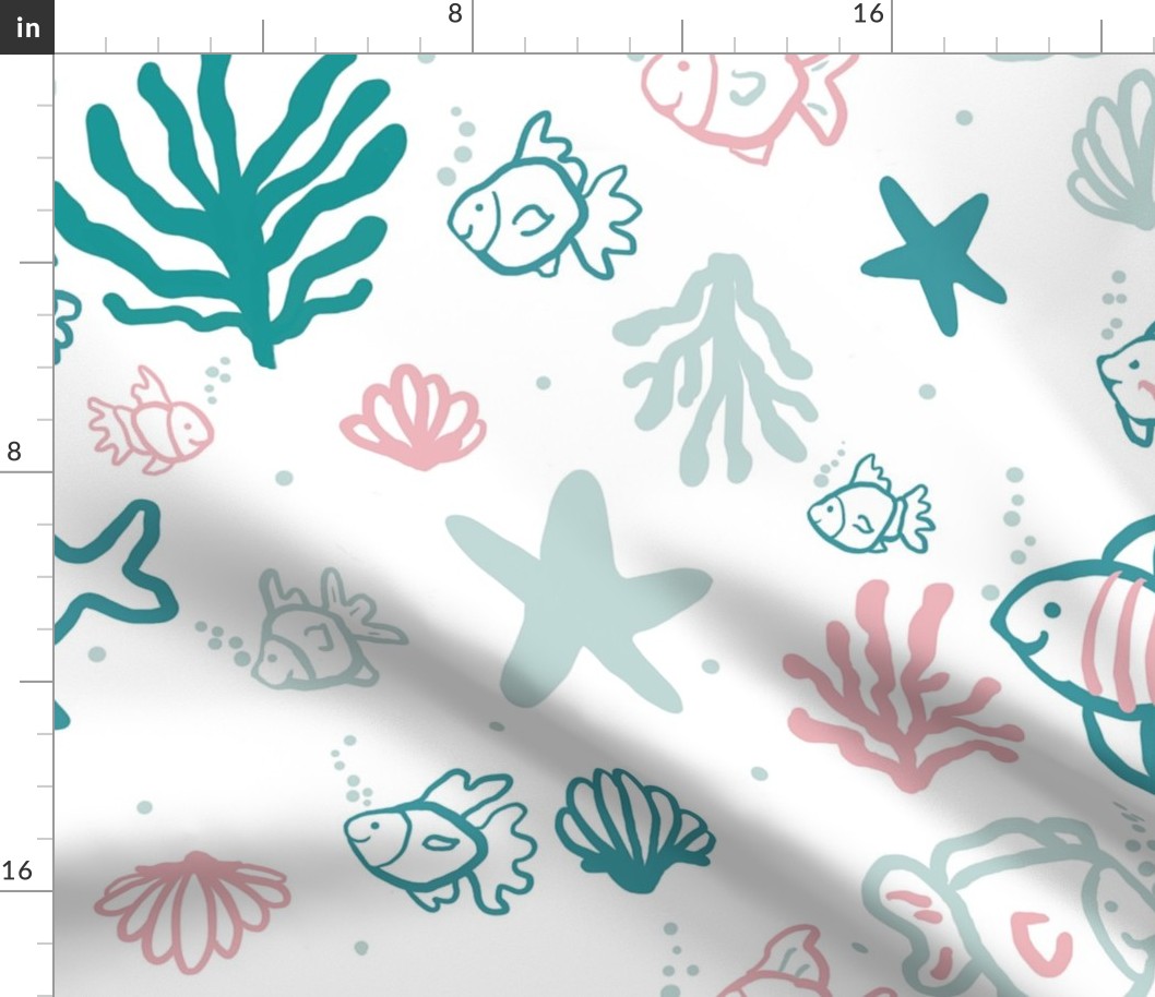 Hand Drawn Fun Fish Shells Ocean Nursery Decor Baby Room Gender Neutral