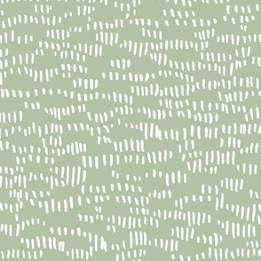 Little ink stroke waves - minimalist messy freehand texture with ink dashes abstract mountains style white on sage green