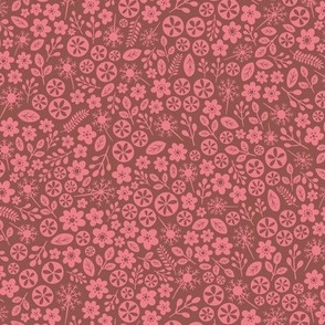 Ditsy Doodle Wildflowers Monochrome Meadow in Maroon and Bright Pink