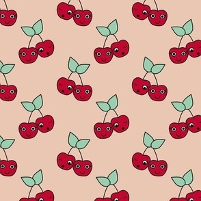 Cute kawaii cherries - summer fruit garden cutesy smiley retro style red mint on tan beige 