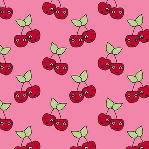 Cute kawaii cherries - summer fruit garden cutesy smiley retro style red green on pink 