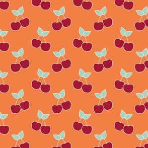 Retro cherries summer garden - fruit cherry design mint burgundy on orange 