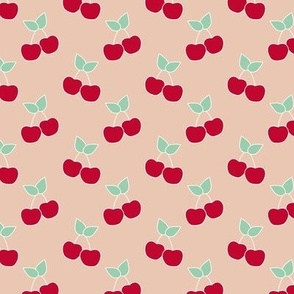Retro cherries summer garden - fruit cherry design red mint green on sand tan beige 