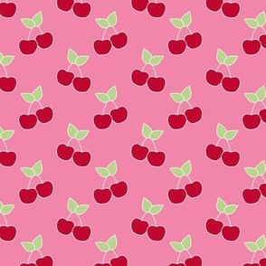 Retro cherries summer garden - fruit cherry design red matcha green on pink 