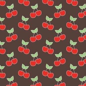 Retro cherries summer garden - fruit cherry design red matcha green on coffee brown 