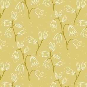 Dreamy Bluebell Flower Meadow Outline - Cream on Muted Gold Yellow || Hand Drawn Whimsical Spring Floral 