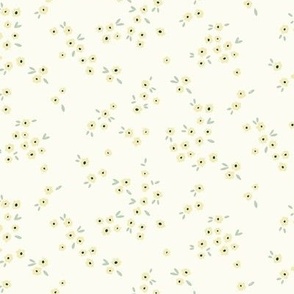 Meadow in Full Bloom – Butter Yellow and Pastel Green on Cream || Non-Directional Scattered Flowers | Small/Tiny
