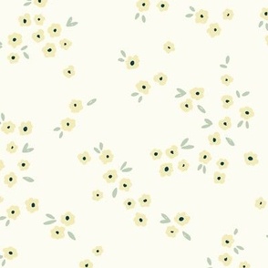 Meadow in Full Bloom – Butter Yellow and Pastel Green on Cream || Non-Directional Scattered Flowers | Large