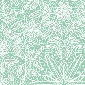 White Hexagon Floral Mock Lace on Mint Green