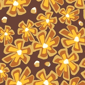 [Large] Retro Flowers Drawing Carpet - Mustard Yellow