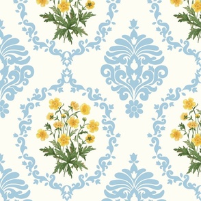 Damask Buttercup watercolor bouquet in light blue and natural white large scale 