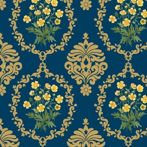 Damask Buttercup watercolor bouquet in  antique gold on dark navy blue wallpaper