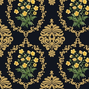 Damask Buttercup watercolor bouquet in  antique gold on dark warm grey Wallpaper