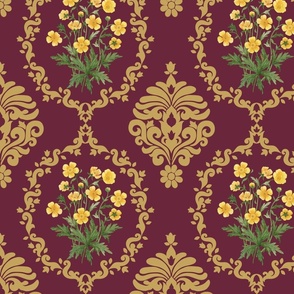 Damask Buttercup watercolor bouquet in  antique gold on dark wine red wallpaper