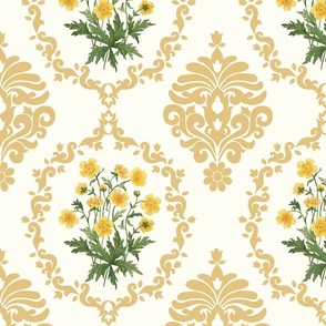 Flower Damask Buttercup watercolor bouquet in wheat gold and natural white large scale 